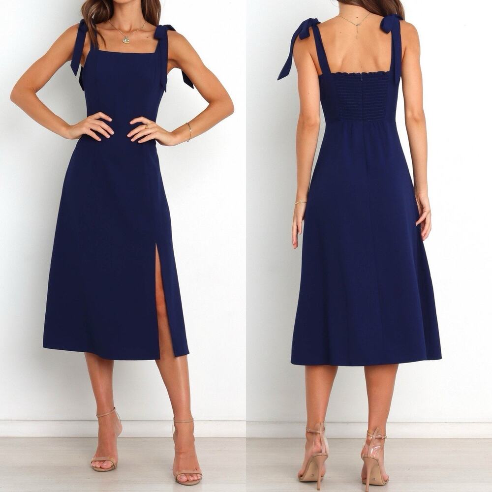 Petal & Pup Laurel Tie Shoulder Midi Dress Womens 8 Slit Blue